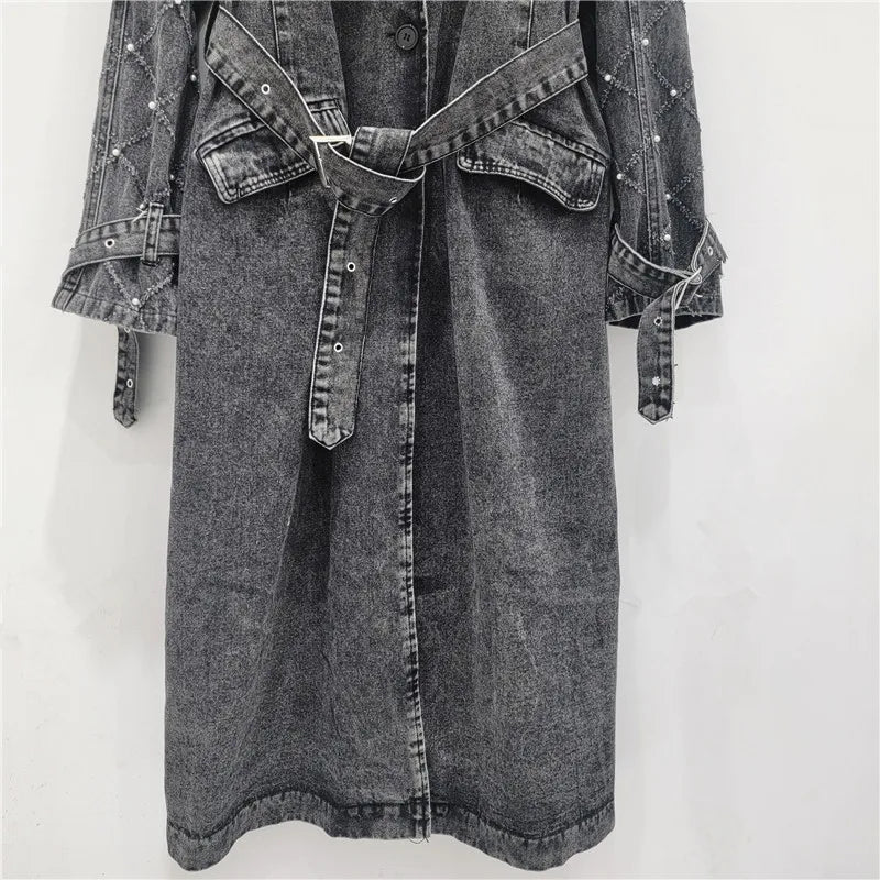 GetSpring Women Denim Trench Coat Temperament Pearl Lace Up Jean Windbreaker All Match Loose Long Denim Overcoat New