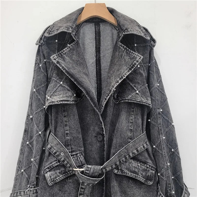 GetSpring Women Denim Trench Coat Temperament Pearl Lace Up Jean Windbreaker All Match Loose Long Denim Overcoat New